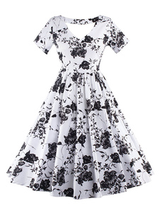 Magnétique robe vintage blanche moderne impression creusé col V de fêtes