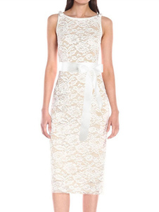 Robe dentelle blanche à manches lombes lacez vers le haut de robe Slim Fit crayon fente avec Bow