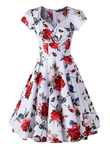 Populaire robe vintage moderne rouge impression plissée encolure en coeur