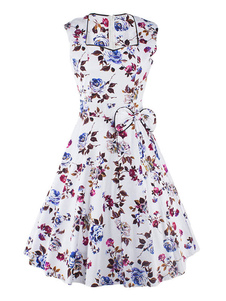 Robe Vintage blanche sans manches Sweetheart Floral Slim Fit robe évasée plissée