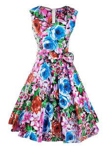 Vintage robe femmes sans manches imprimé Floral plissé robe évasée avec Bow