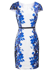 Robe Bodycon bleu V cou Cap Sleeve femmes imprimé robe Slim Fit crayon