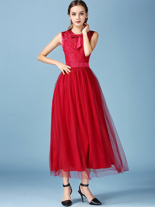 Dentelle rouge Maxi robe sans manche plissé robe longue en mousseline de soie avec Bow