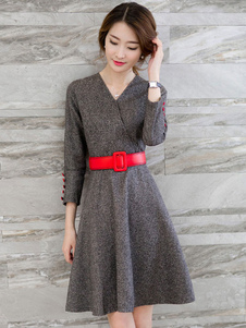 Robe patineuse de gris col en v 3/4-Length manches a-ligne robe plissée avec ceinture