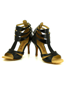 Danse noir chaussures en cuir Open Toe boucle Ballroom chaussures à talons hauts pour femmes