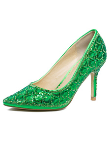 Chaussures de mariage à talons en tissu de paillettes vert unicolore avec paillettes fait main