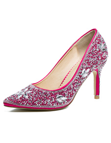 Chaussures de mariée à talons en tissu de paillettes rose unicolore avec cristal fait main