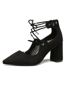 Fabuleuses chaussures à talons à talons épais en micro daim unicolore croisé avec lacet de polyuréth