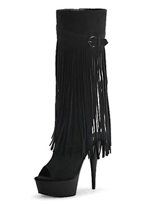 Bottes peep-toe talons découverts en micro daim noires unicolore