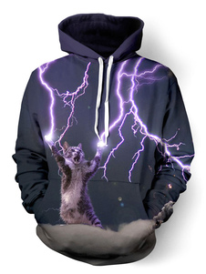 Purple Cat Hoodie hommes & éclair imprimé Long Sleeve Pullover Hoodies