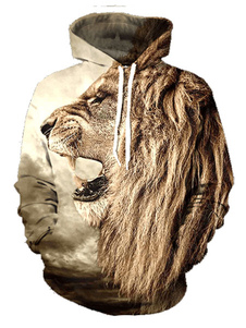 Lion de Hoodie pull beige imprimé Hoodies occasionnel manches longues hommes