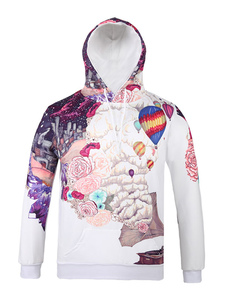 Imprimé capuche occasionnel de Pullover Hoodie blanc manches longues hommes