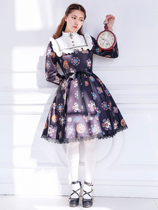 Robe lolita Tissu de satin impression à volants douse col montant