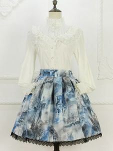 Jupe lolita excellente grise douse Tissu de satin impression avec dentelle