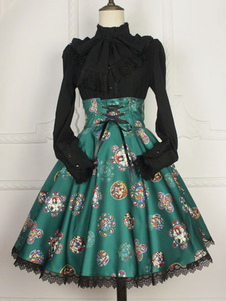 Jupe lolita excellente rétro Tissu de satin impression avec lacets