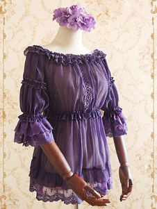 Chemisier lolita doux en chiffon unicolore à volants col bateau