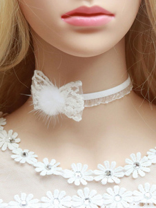 Collier Sweet Lolita collier dentelle blanc Bow vison cheveux de balle Hime Lolita