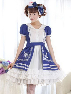 Robe lolita charmante en coton bleue bicolore à volants douse colet revers