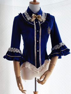 Chemisier lolita doux en chiffon unicolore avec dentelle col à revers