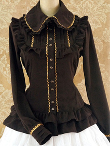 Chemisier lolita doux en lin de coton unicolore à volants colet revers