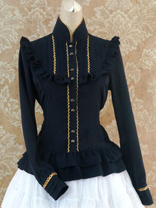 Chemisier lolita gothique en lin de coton unicolore à volants col montant