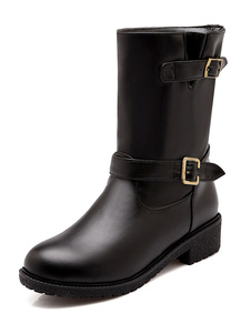 Bottes mi-mollet talons couverts à bout rond en PU unicolore