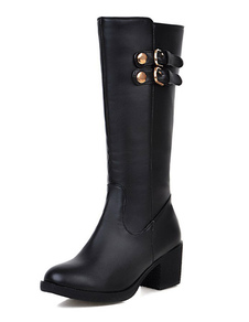 Bottes mi-mollet à bout rond en PU unicolore