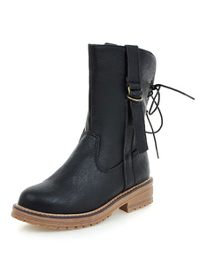 Bottes mi-mollet à lacets et bout rond en PU unicolore