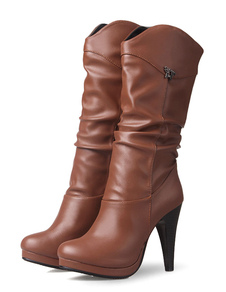 Bottes mi-mollet à bout rond en PU unicolore