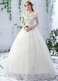 Robe de mariée Ivoire hors de l’épaule strass dentelle dentelle a-ligne étage longueur robe nuptiale