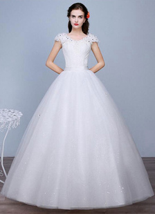 Robe de mariée Ivoire pailletés dentelle V cou manches courtes a-ligne étage longueur robe de mariée