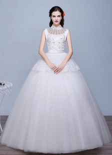 Robe de mariée Ivoire sans manches clouté Stand collier dentelle a-ligne étage longueur dentelle rob