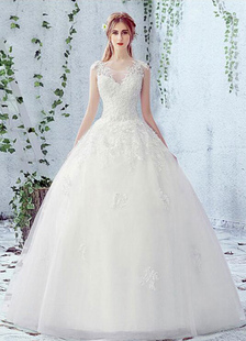 Dentelle mariage robe encolure dégagée sans manches Satin Net Lace Up robe de mariée avec perles