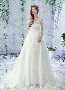 Dentelle robe de mariée hors de l’épaule strass lacer une ligne chapelle Train robe de mariée