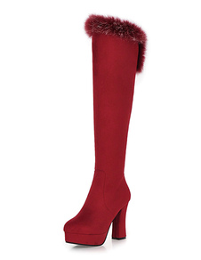 Bottes à talons épais en micro daim unicolore avec fourrure