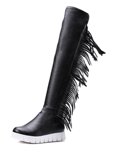 Bottes plate-forme en PU noir unicolore avec frange