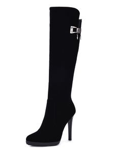 Bottes chic à talons aigus en micro daim noir unicolore ornement métallique