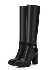 Bottes femme à talons épais en PU noir unicolore