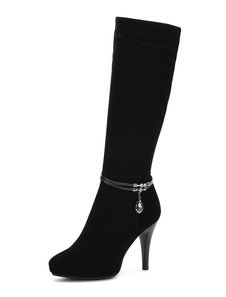 Bottes mi-mollet noires Zip à bout rond en micro daim unicolore