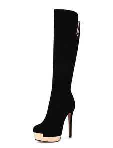 Bottes à talons aigus en micro daim noir unicolore ornement métallique