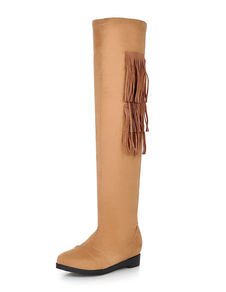 Cuissardes à talons chiots en micro daim unicolore avec frange en peluche courte artificielle