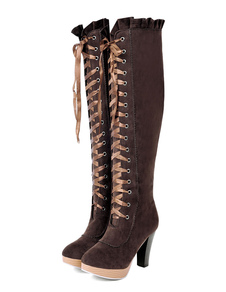 Bottes à talons épais en micro daim unicolore avec lacets