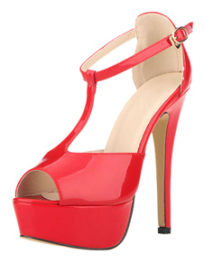 Sandales plateforme sublimes à talons aigus en PU verni style cuir verni