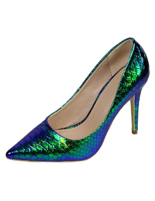 Chaussures à talons à talons aigus en PU bleu et motif crocodile mocassin de polyuréthane / PU