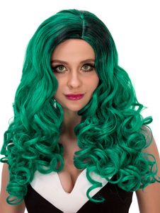 Halloween des femmes perruques vert perruques synthétiques de raie sur le côté bouclé Long en couche