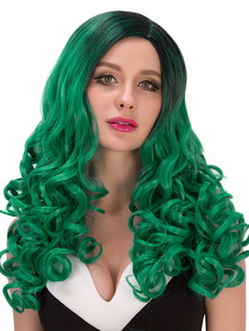 Halloween cheveux perruques féminines affriolante vert les perruques synthétiques longues de raie su