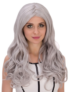 Gris Halloween Perruques Centre Long bouclés féminines perruques synthétiques de joint