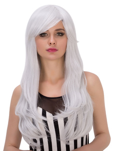 Halloweeen longues perruques bouclés côté argenté féminines a balayé les perruques synthétiques