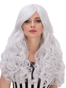 Perruques de cheveux Halloween Perruques bouclés Bang synthétiques latéraux longs ébouriffés blanc