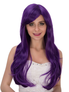 Halloween perruques longues perruques de cheveux féminines pourpre frisé côté séparation